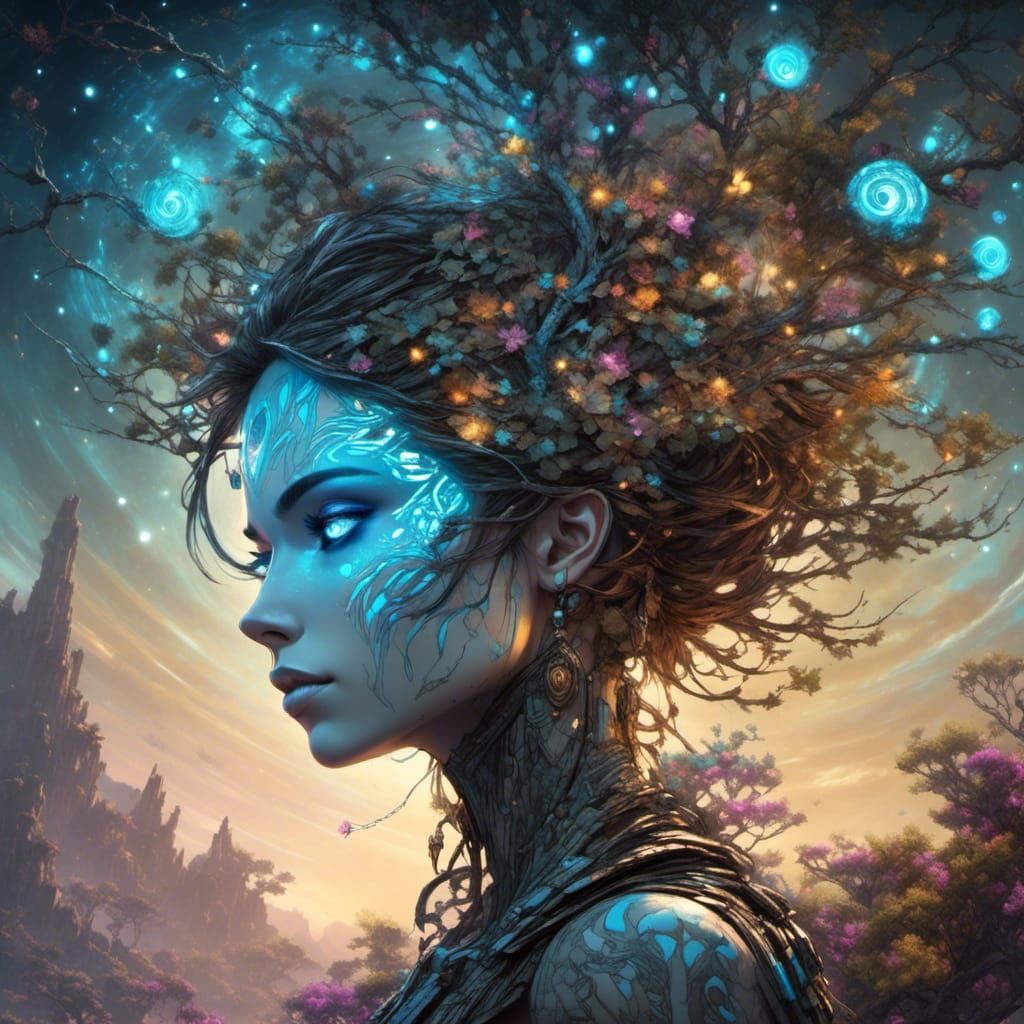 Cyberfairy with Bioluminescent Eyes and Tree of Life