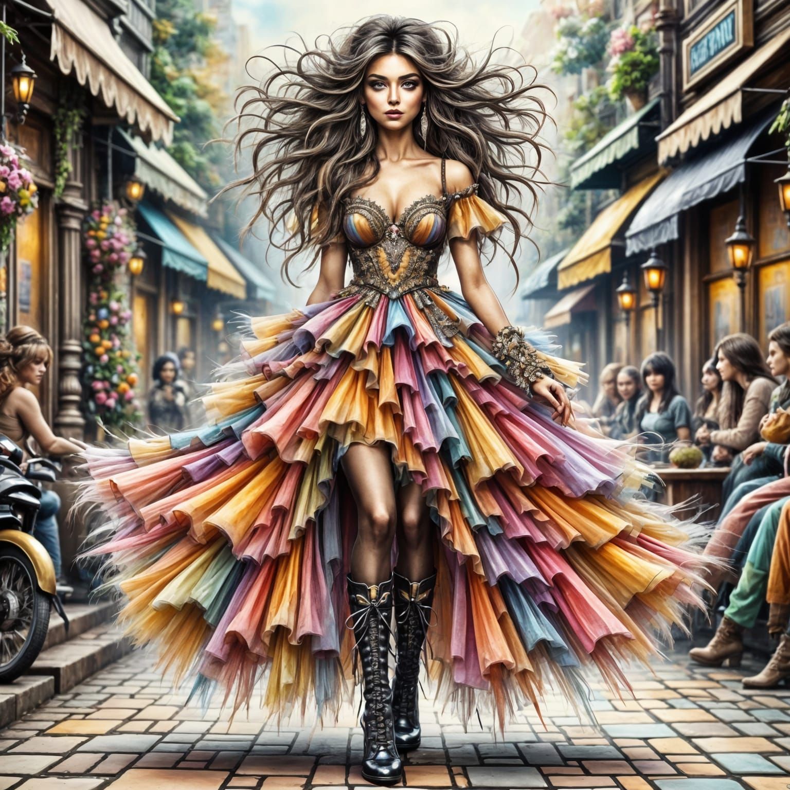 Whimsical Boho Fashion Model Struts Down Catwalk in Haute Co...