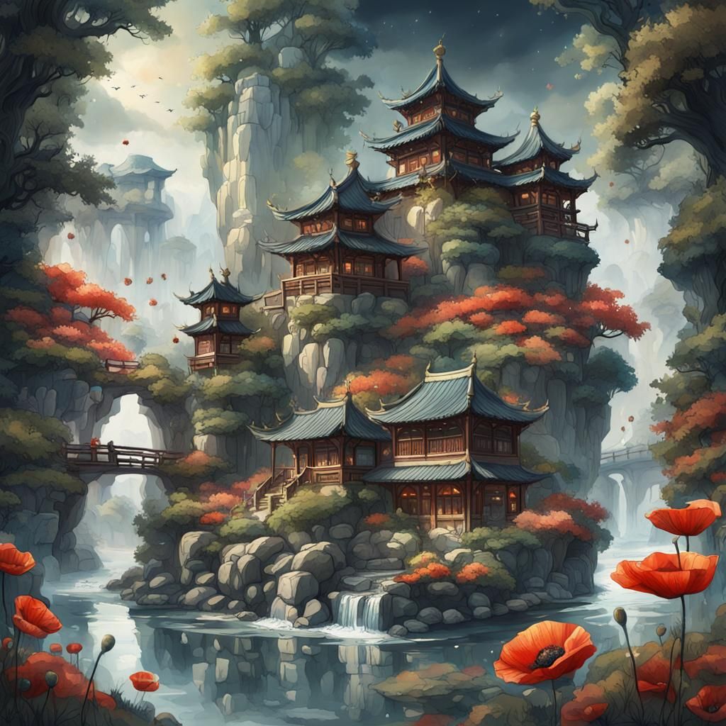 Poppy Garden: Folk Painting in Watercolor Style