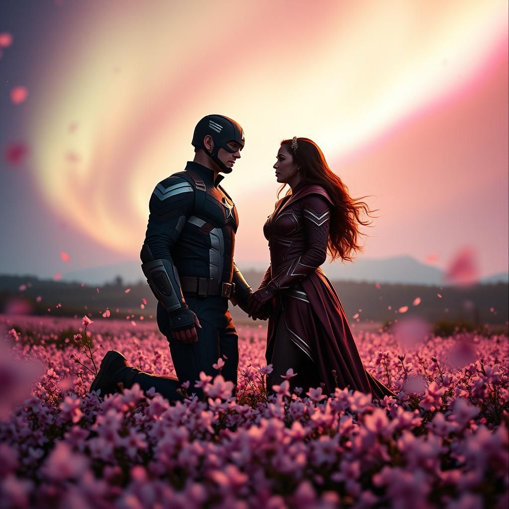 Captain America and Scarlet Witch in Cherry Blossom Field