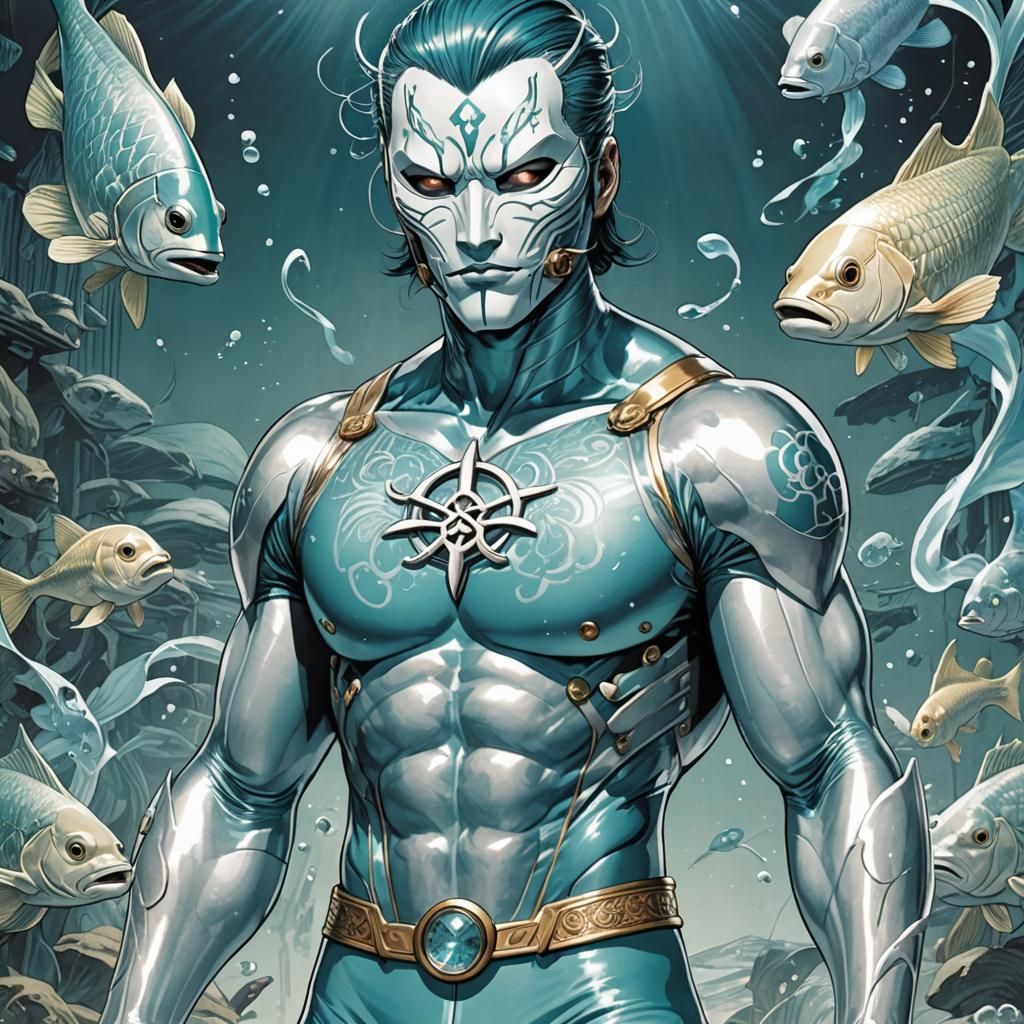 Japanese Superhero in Silver Mask Comic Book Art