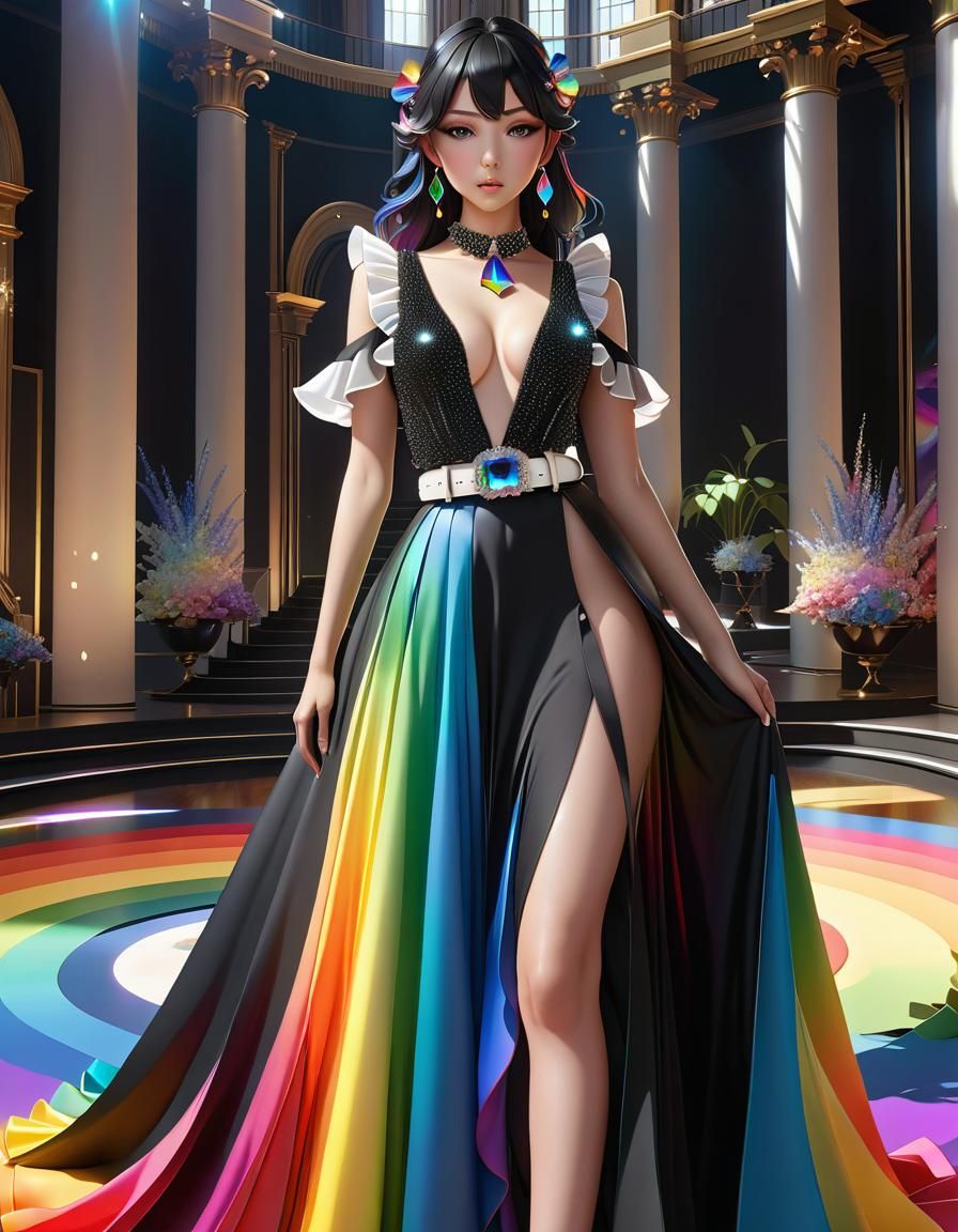 Rainbow Ruffle Skirt with Gem Encrusted Top in Anime Art