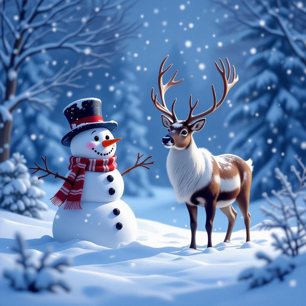 Christmas Snowman and Reindeer Winter Wonderland Scene