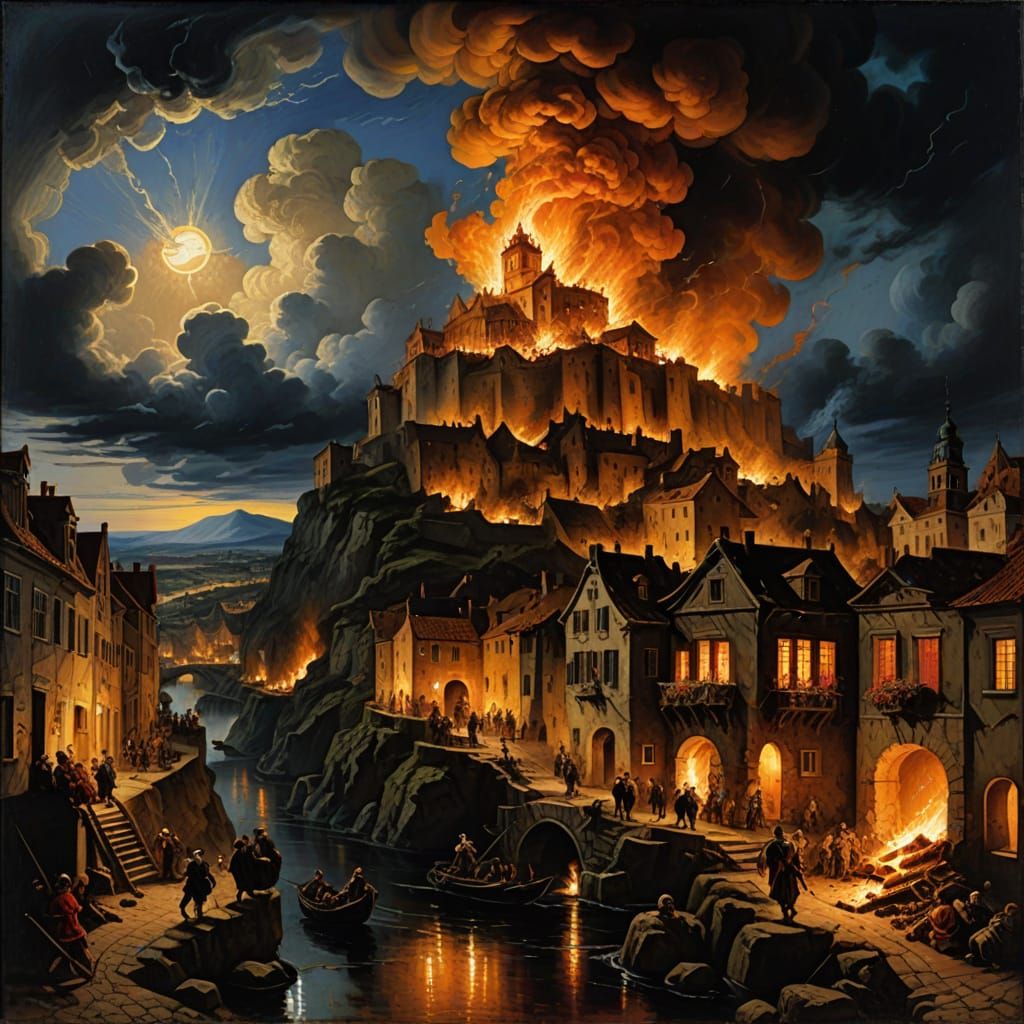 Ancient City in Fiery Tempest, Baroque Oil Painting