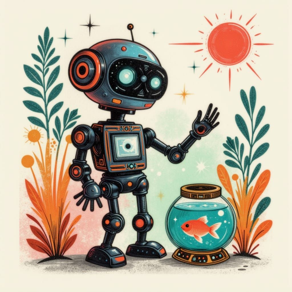 Cute Robot Holding a Fishbowl