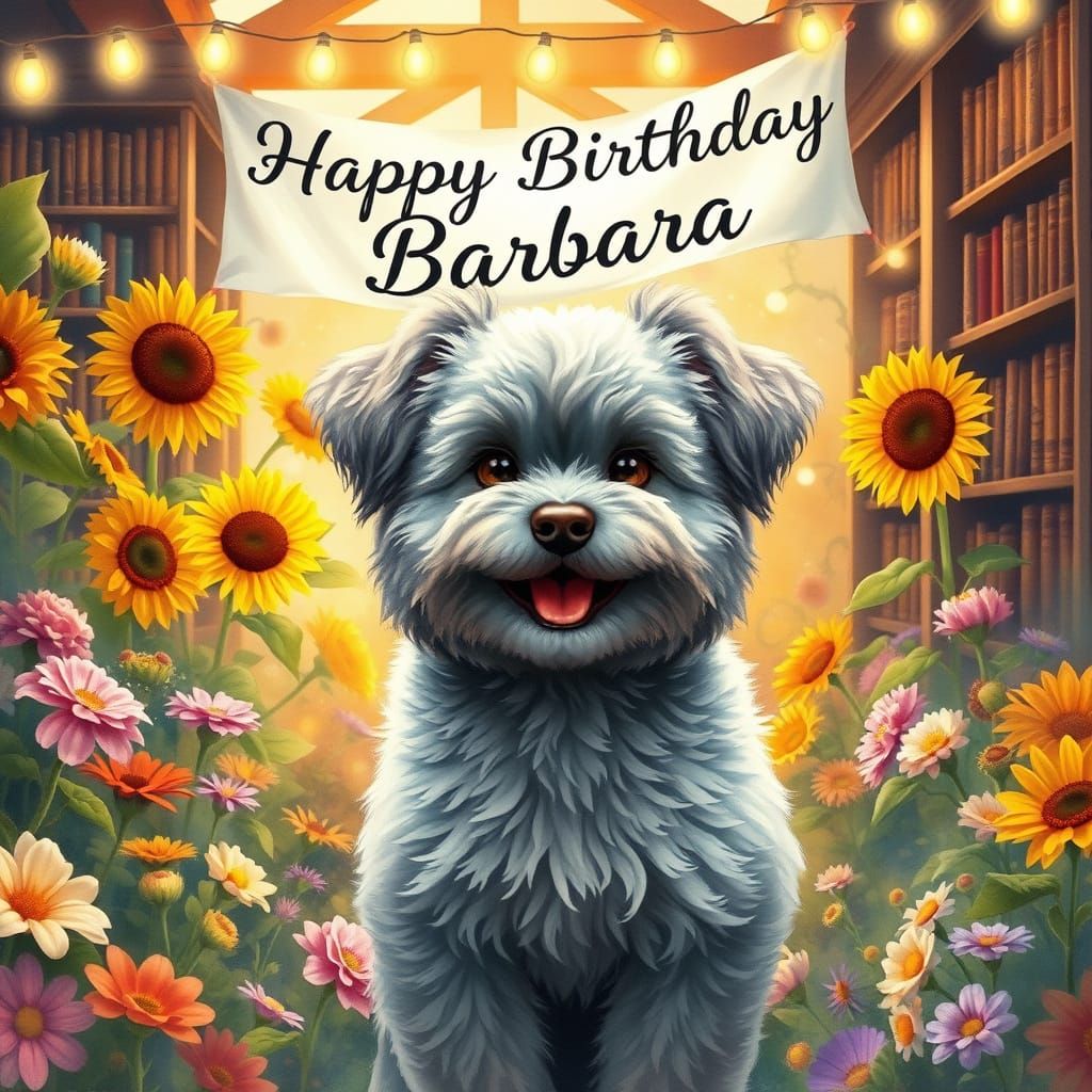 Happy Birthday Dog in Watercolor Garden Art
