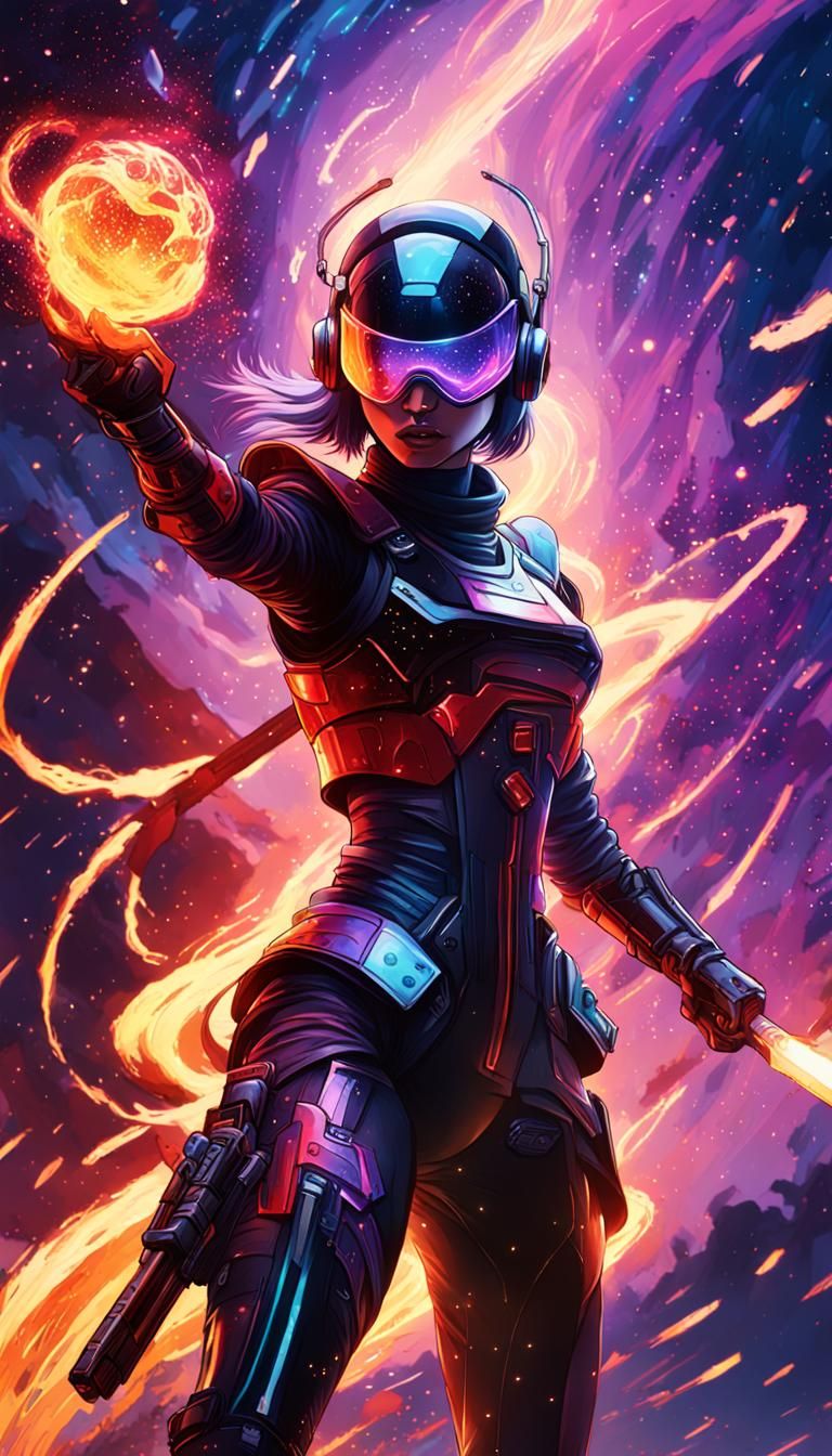 Sci-Fi Android Sword Dancer in Cosmic Cyberpunk Style