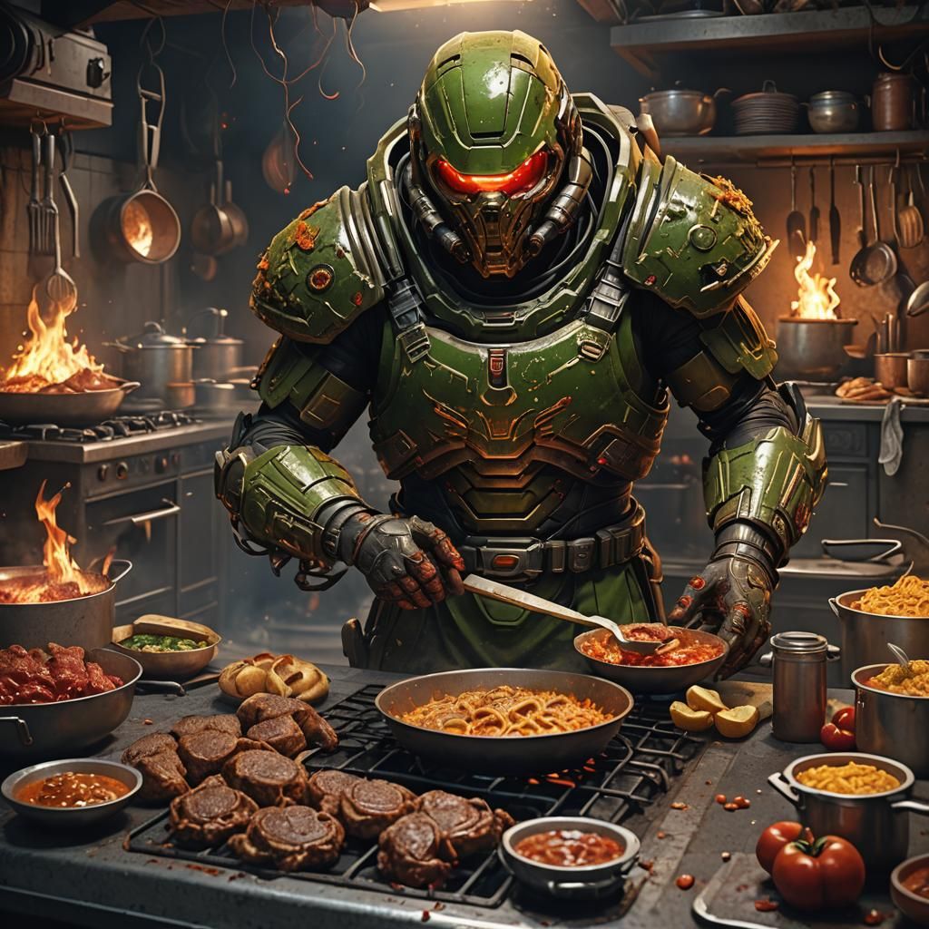 Doom Guy Cooking: Detailed Matte Painting