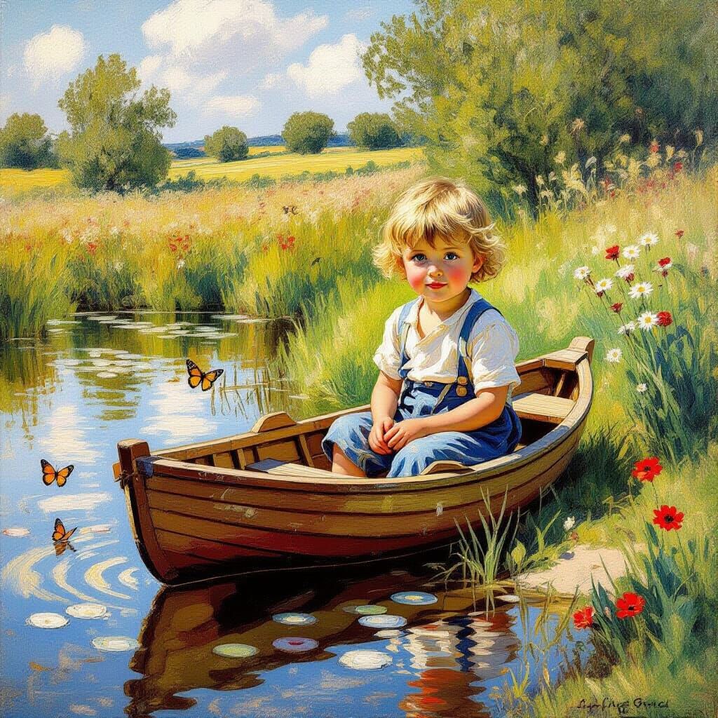 Child with Toy Boat by Shimmering Pond in Sun-Dappled Meadow