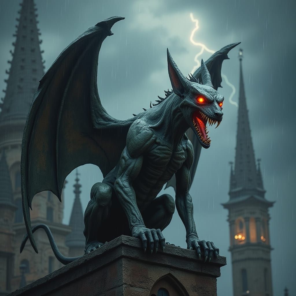 Gargoyle on Cathedral in Gothic Storm