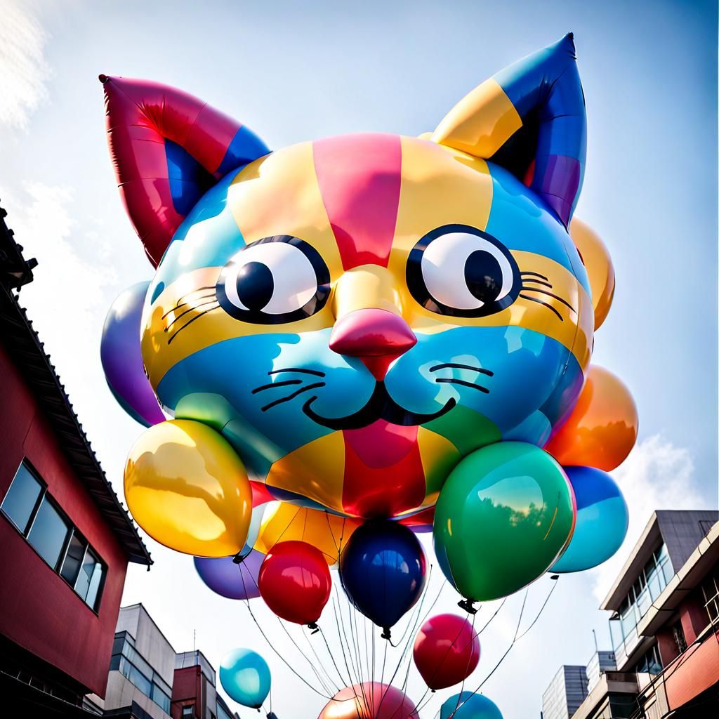 Balloon Cat Floats Above City, Art Nouveau Style