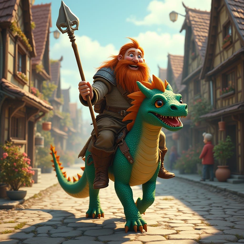 Viking Warrior Rides in Colourful Nordic Town on Baby Dragon