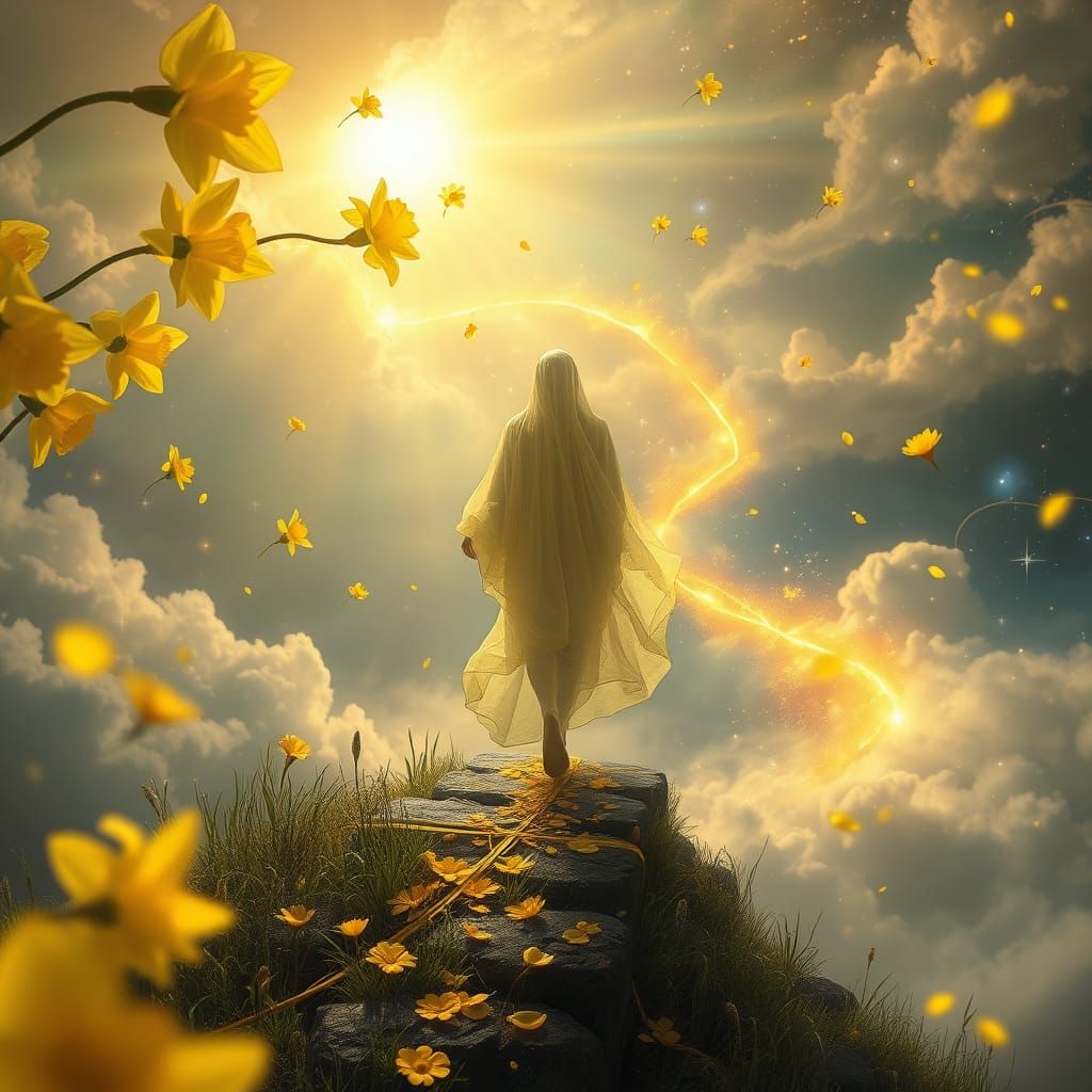 Surreal Wordsworthian Dreamscape with Floating Daffodils