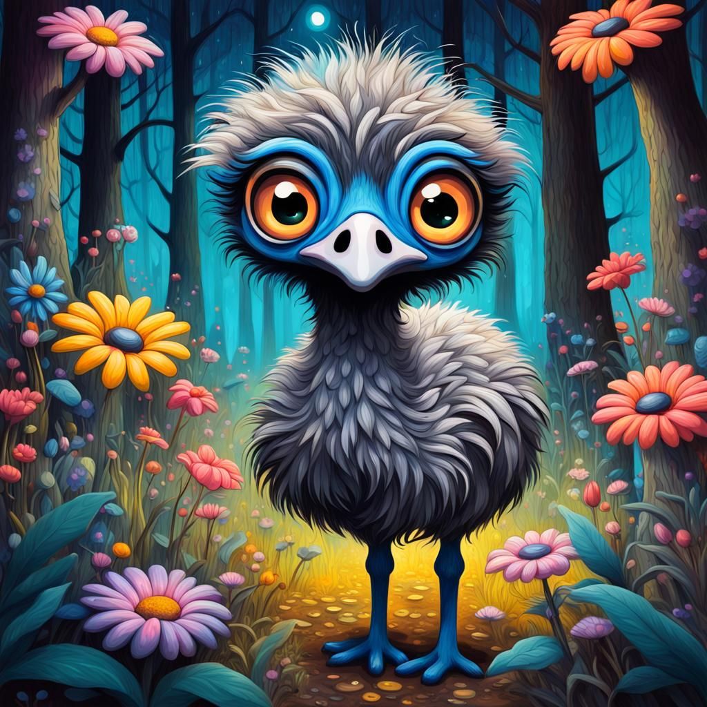 Chibi Emu in Enchanted Glowing Forest