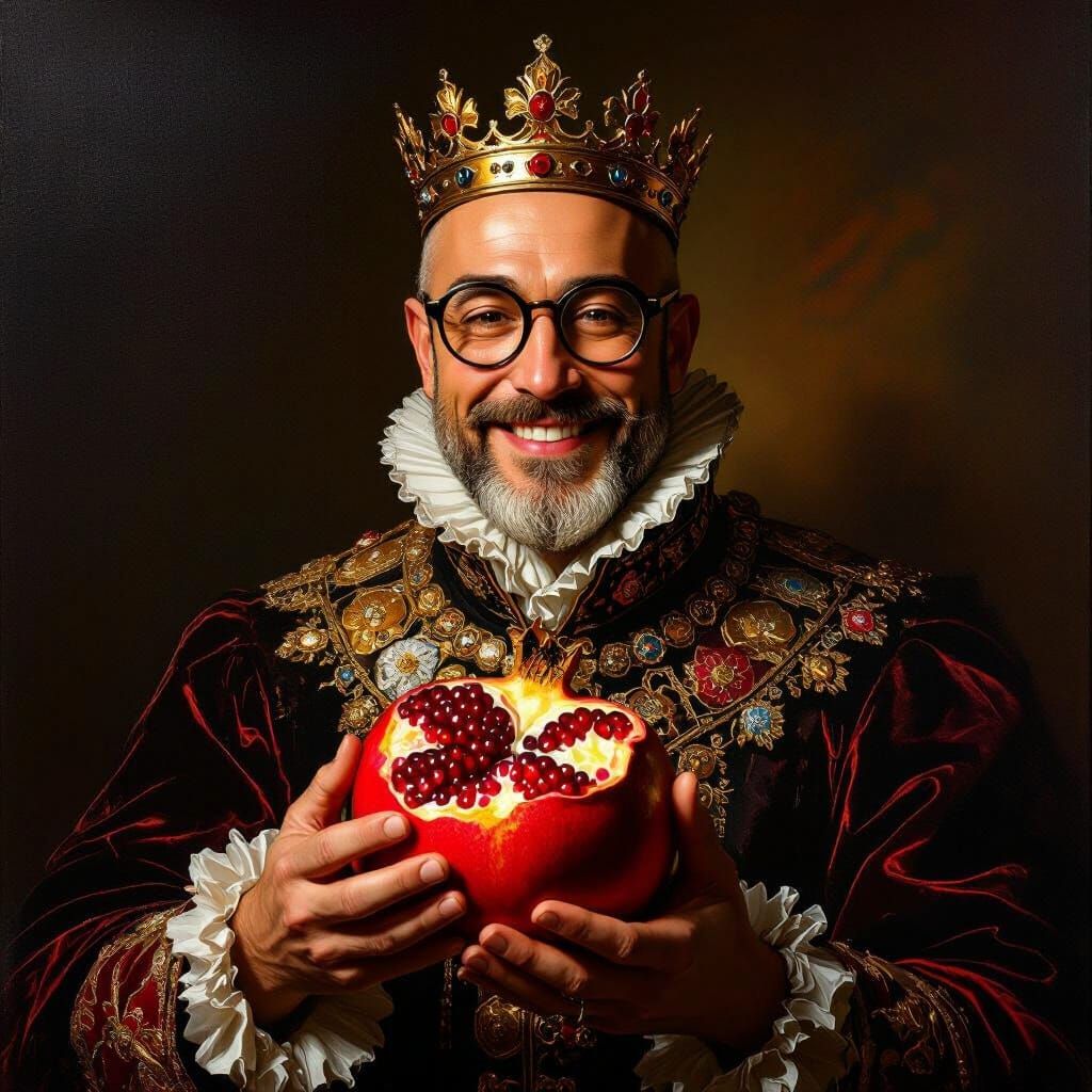 Bold King with Pomegranate in Opulent Oil Painting Style
