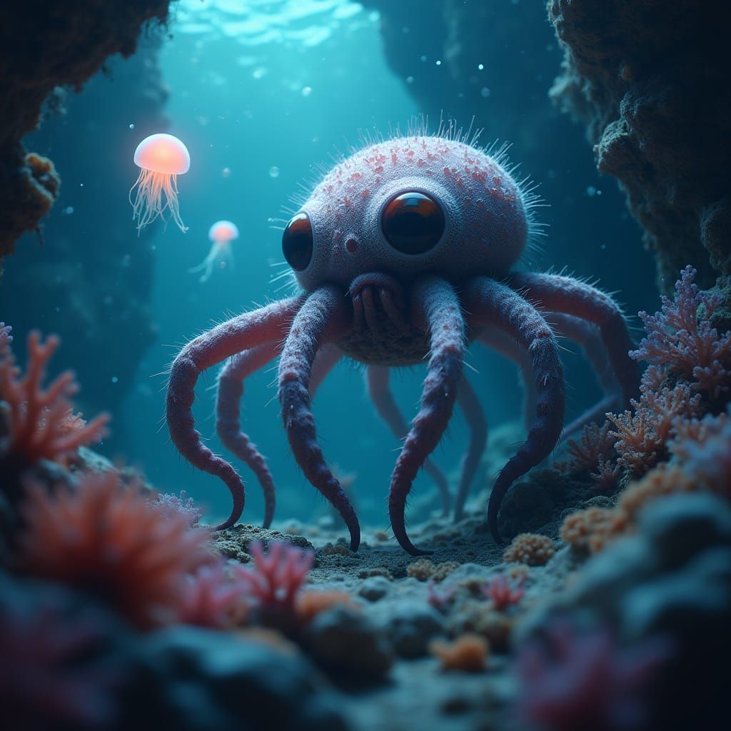 Underwater Spidipus in Bioluminescent Cave, Ethereal Lightin...