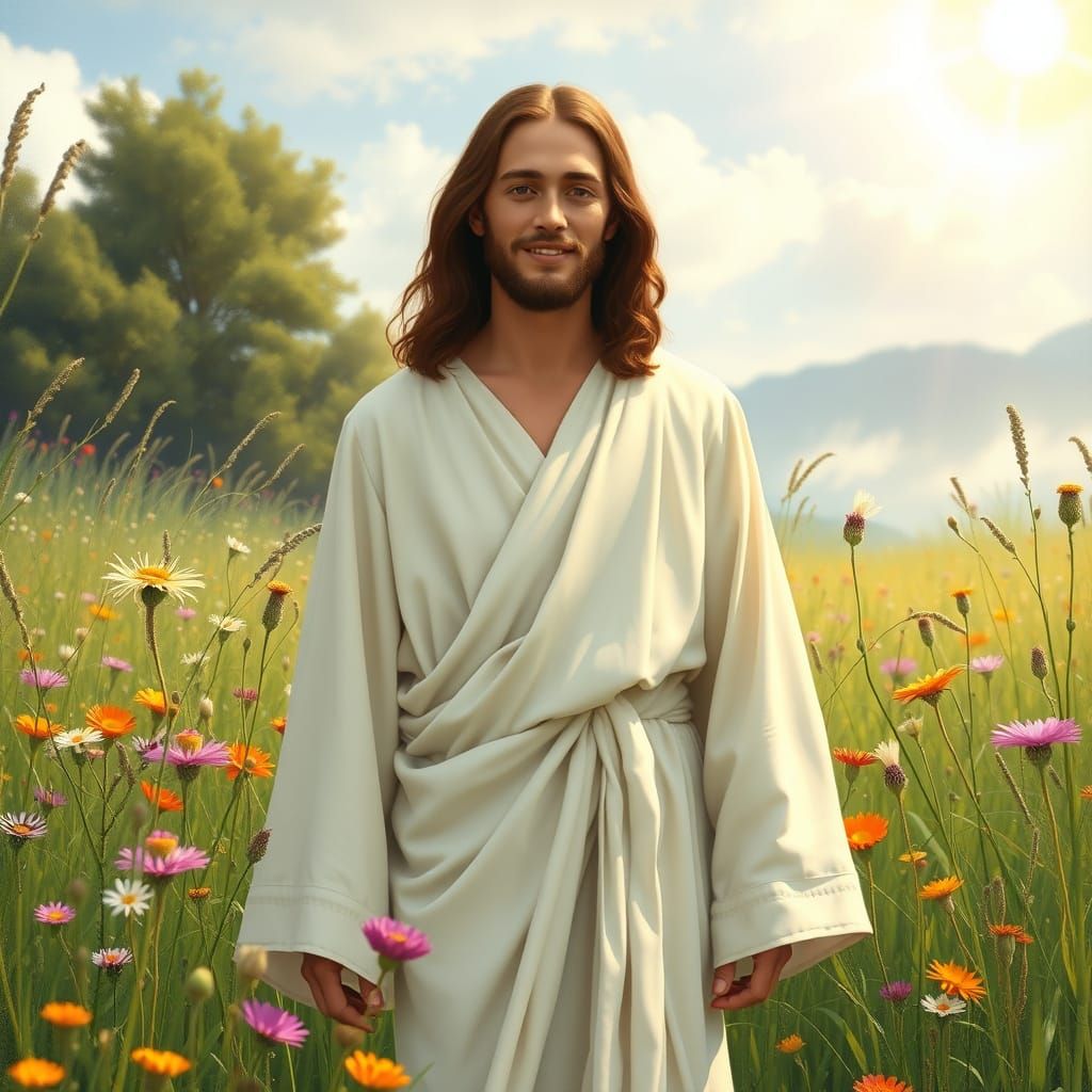 Jesus Smiling in Meadow, Whimsical Illustration