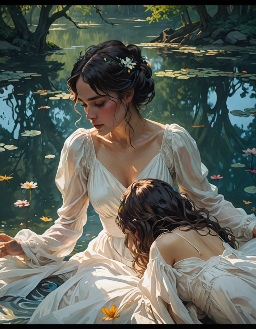 Woman by Pond: Impasto Painting with Volumetric Lighting