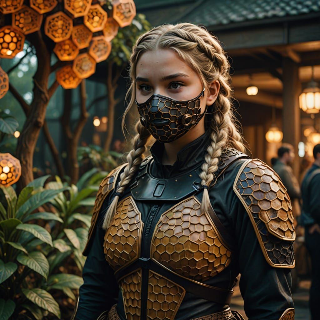 Chubby Teen Girl in Honeycomb Costume, Cinematic Film Still