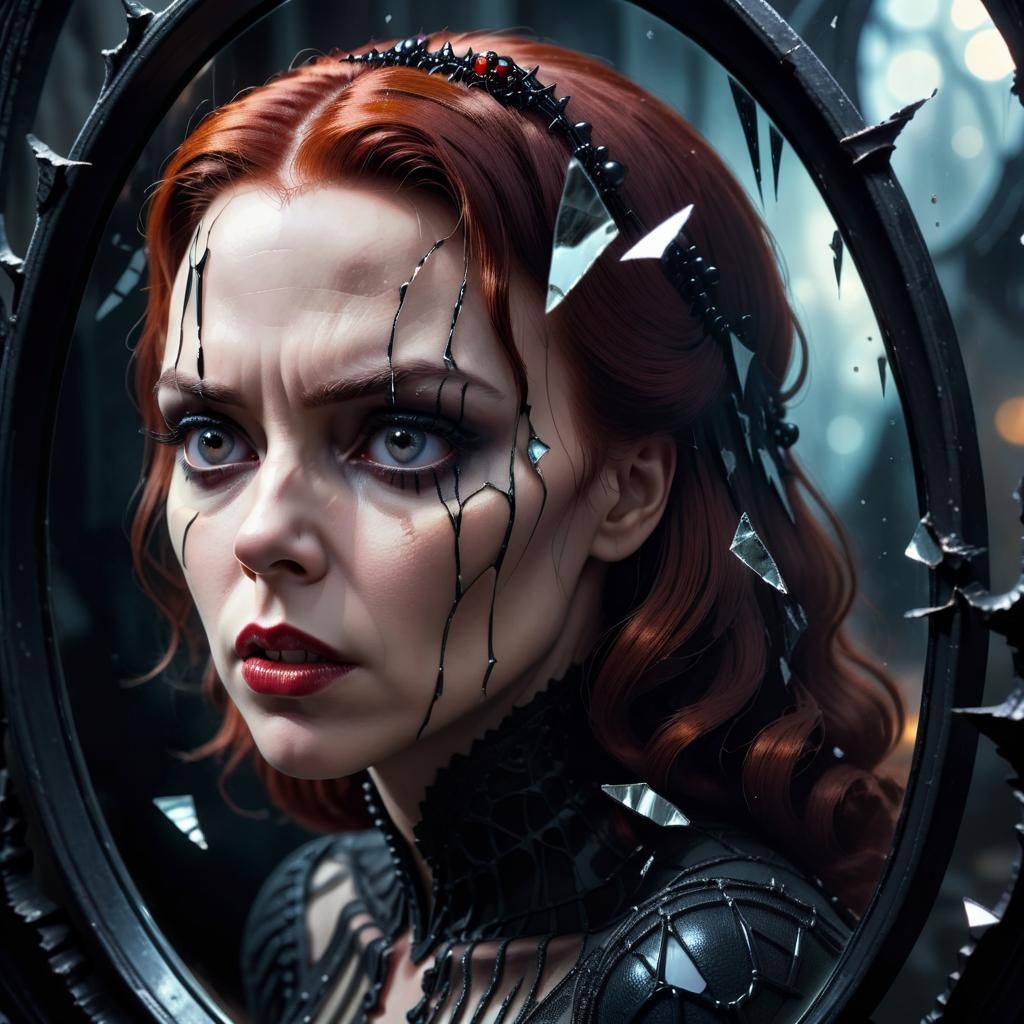 Black Widow Bride in Broken Mirror: Dark Fantasy Art