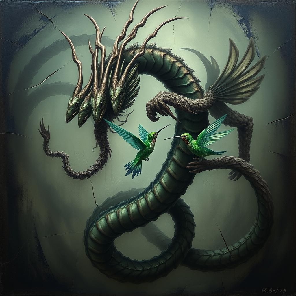 A medium-sized oil painting of a hydra and a hummingbird. It was done in a gloomy style. It is in poor condition.