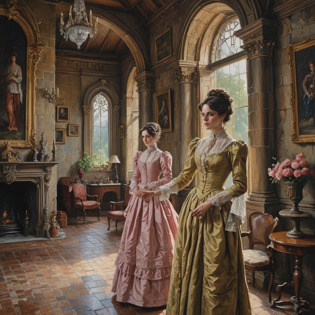 Victorian Lady in Castle, Oil Painting Style