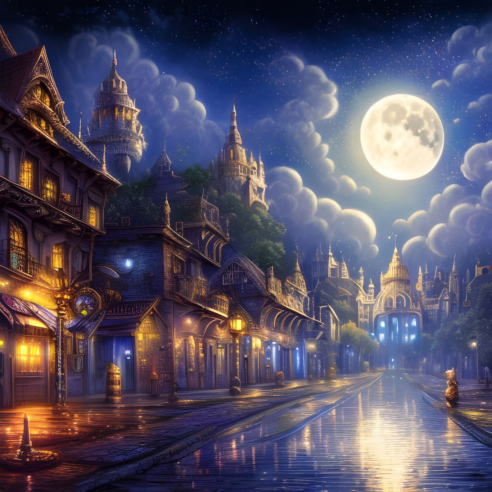 Moonlit Clock Town Fantasy Digital Illustration