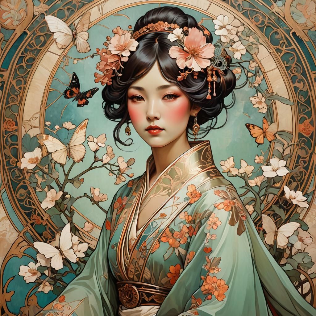 Madame Butterfly Portrait in Art Nouveau Style