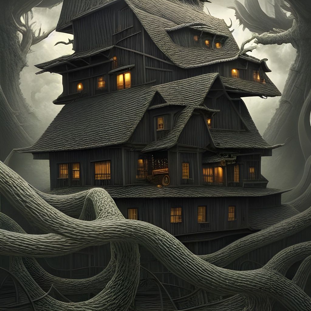 Surreal Floating Houses in Dark Fantasy Landscape