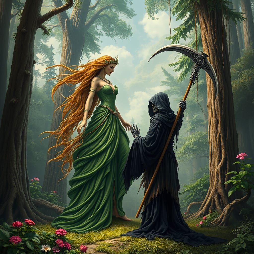 Gaia Confronts the Grim Reaper in a Vivid, Symbolic Landscap...