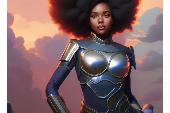 Dieselpunk Girl with Afro in Starlit Sky Oil Painting