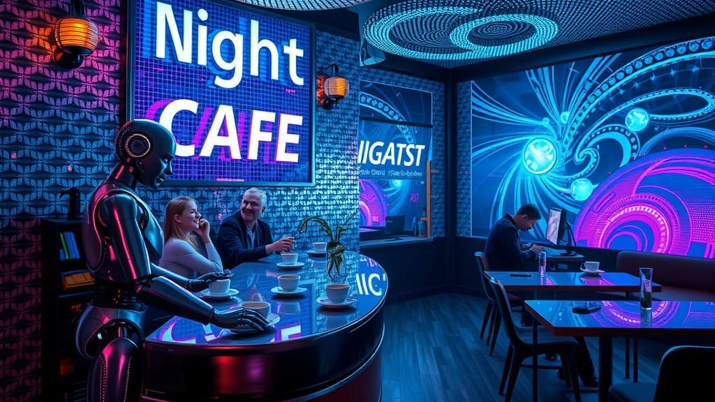 Robot Barista NightCafe with Neon-Lit Mosaic and Holographic...