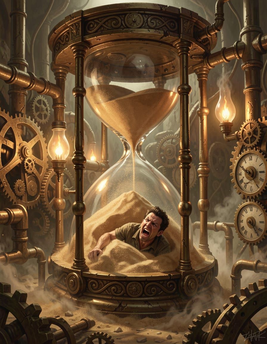 Steampunk Hourglass Traps Man in Dramatic Digital Art