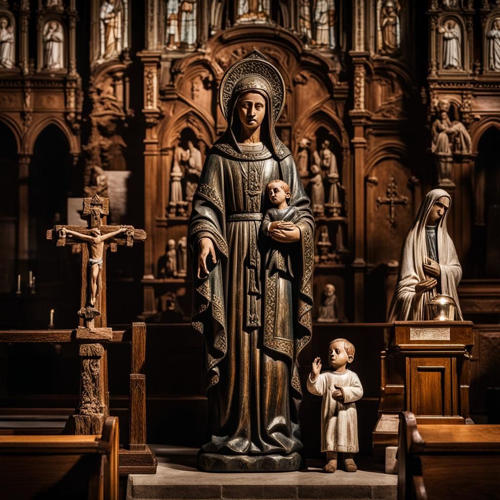 Religious Gothic Statue of Woman and Child