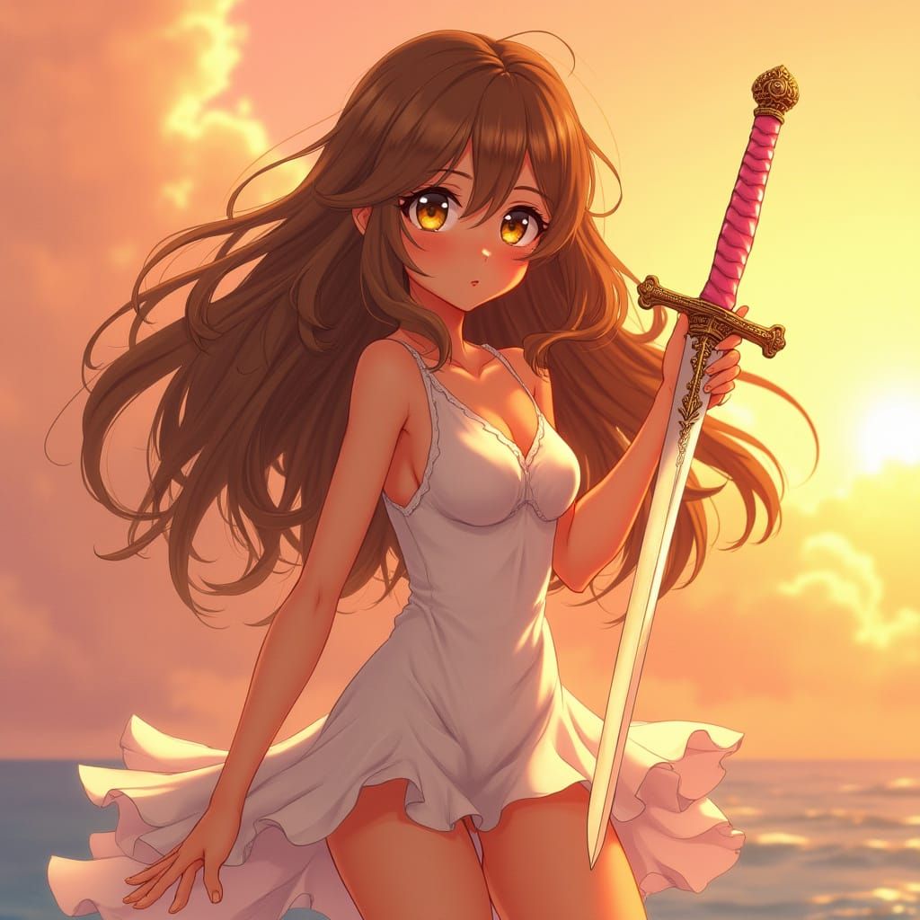 Sun-Kissed Anime Girl with Pink Rapier Sword in Spanish Styl...