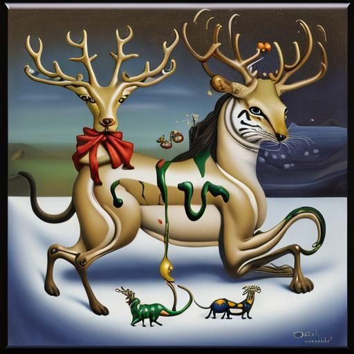 Animals Celebrate Christmas in Surrealist Oil Painting