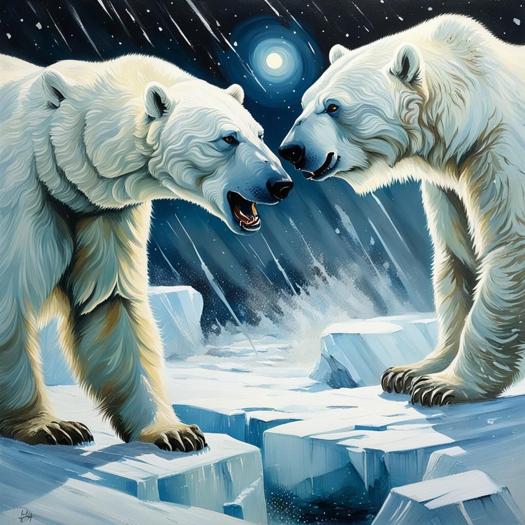 Intense Polar Bear Clash in Moonlit Snowstorm