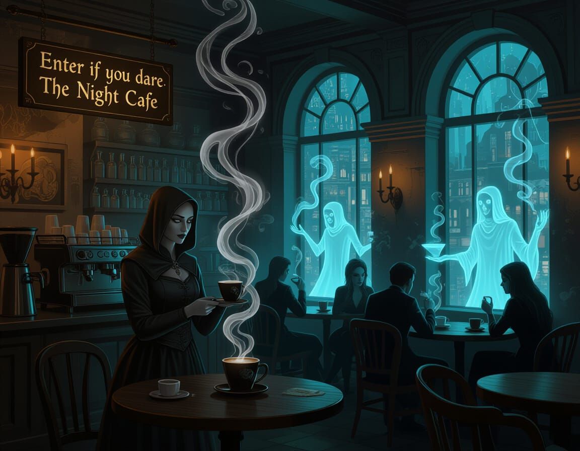 Mystical Coffeehouse with Arcane Steam and Ghostly Figures