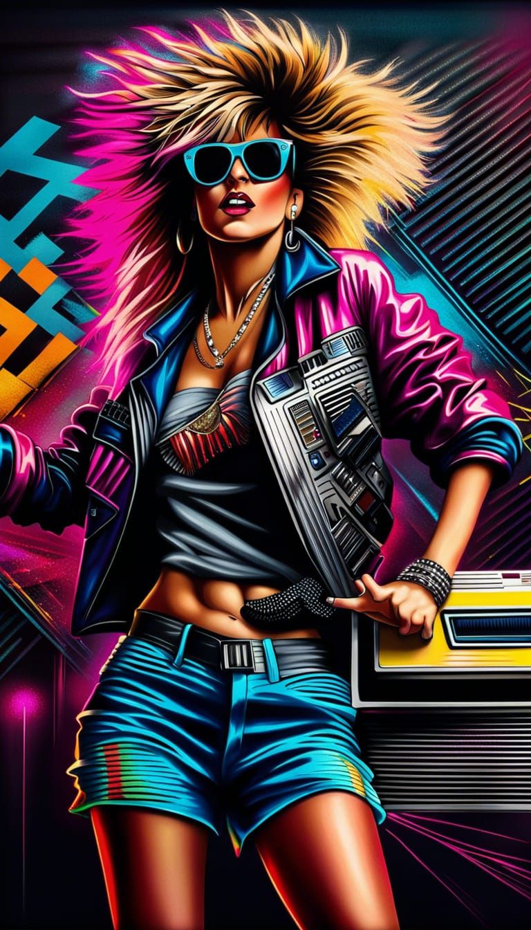 Vivid 1980's METALHEAD Woman With ultra Teased Hair wearing 80s clothes dancing to a retro-boombox | intricate details |...