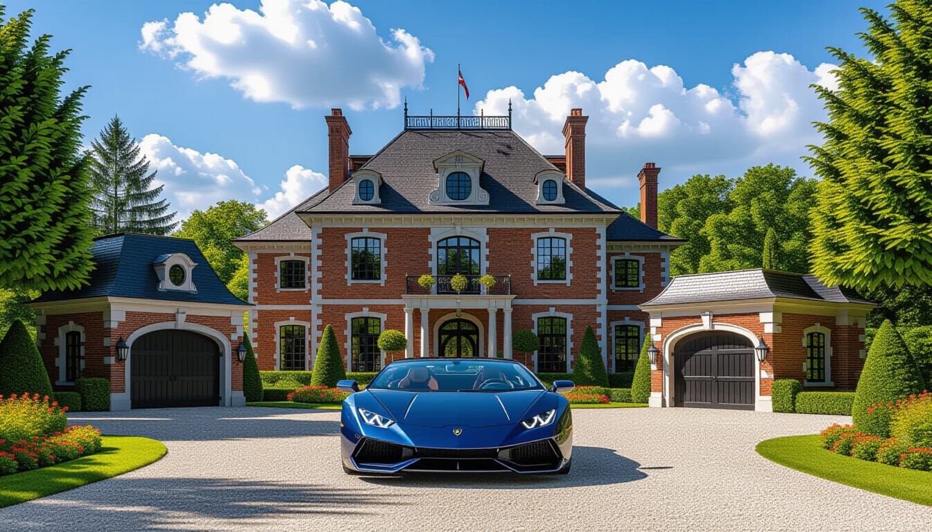 Victorian Chateau with Lamborghini in Summer Garden