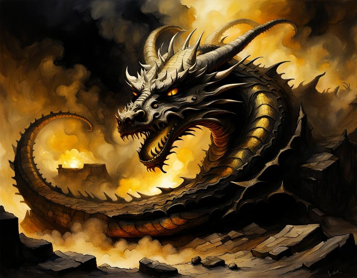 Ominous Dragon Sleeps: Chiaroscuro Watercolor Horror