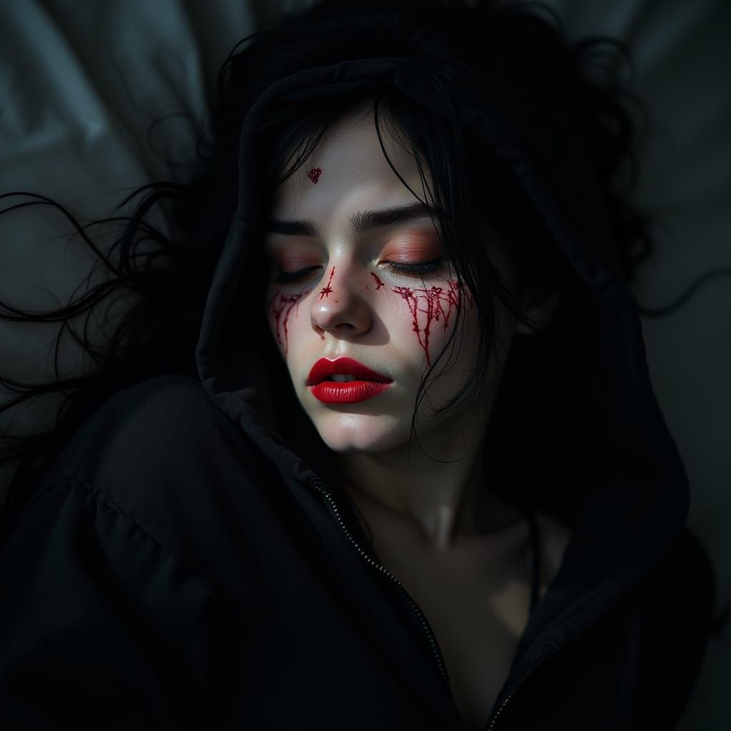 Dark Dreaming Woman in Crimson Hoodie