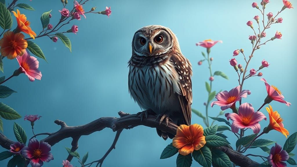 Saw Whet Owl with Botanical Flowers, Mystical Illustration