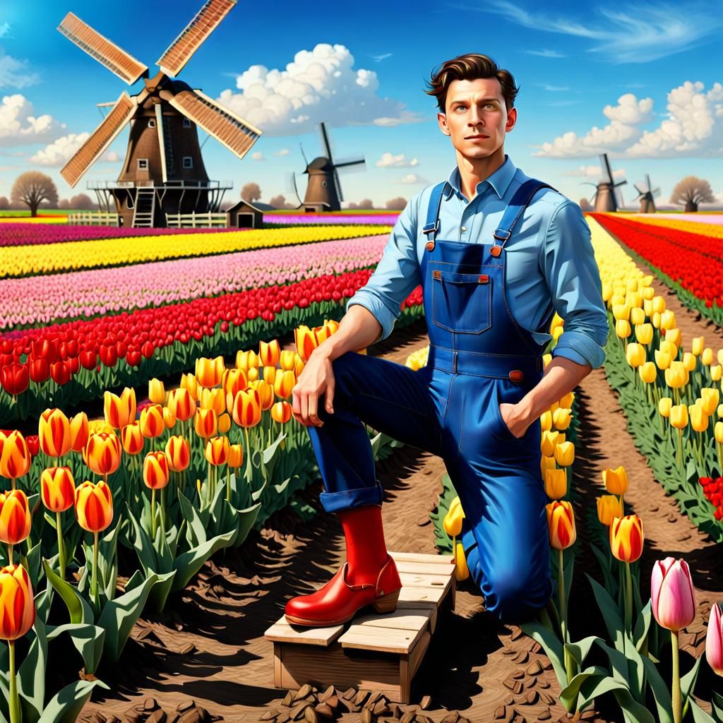 Dutch Boy in Tulip Field, Splash Art Portrait