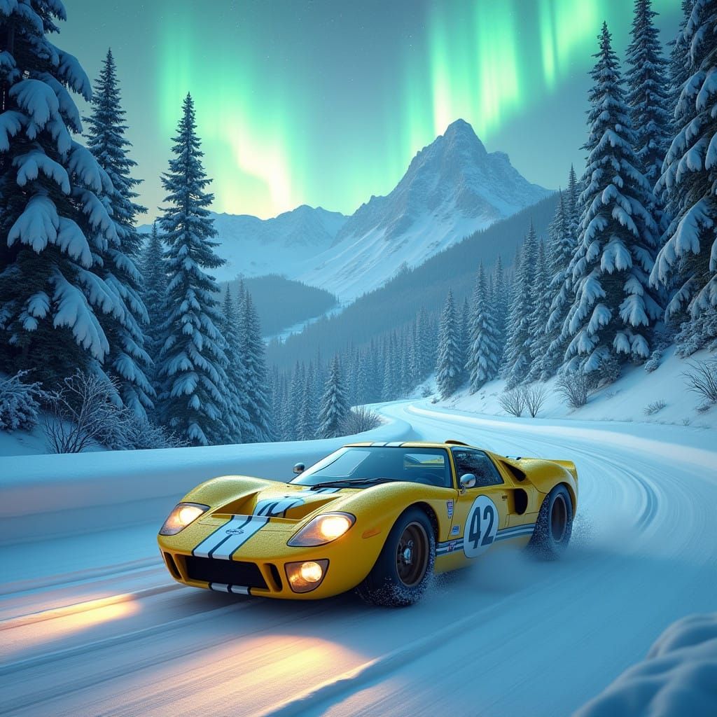 Vibrant Yellow GT40 MK1 Speeds Down Snowy Mountain Pass