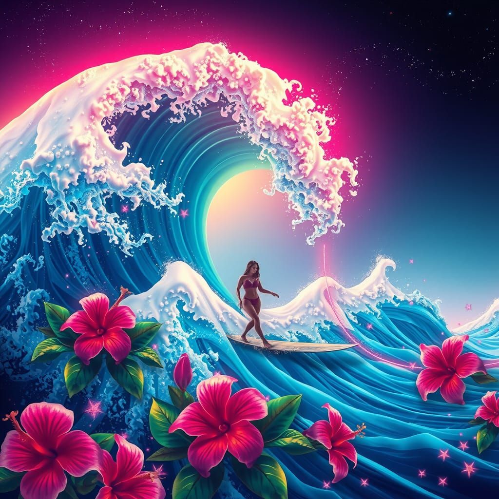 Surfer on Giant Wave in Ukiyo-e Style