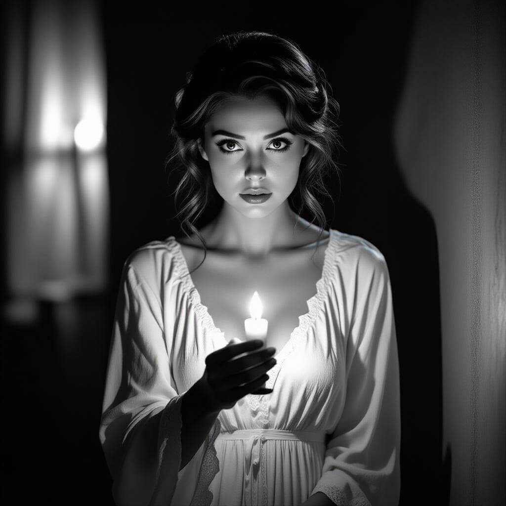 Noir Woman with Candle in Shadowed Room