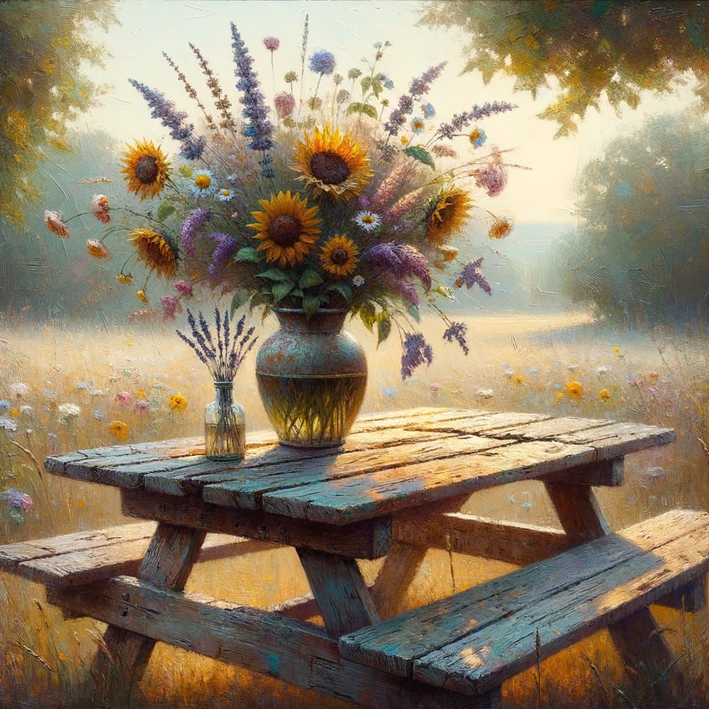 Whimsical Rustic Picnic Table in Oil Painting Style