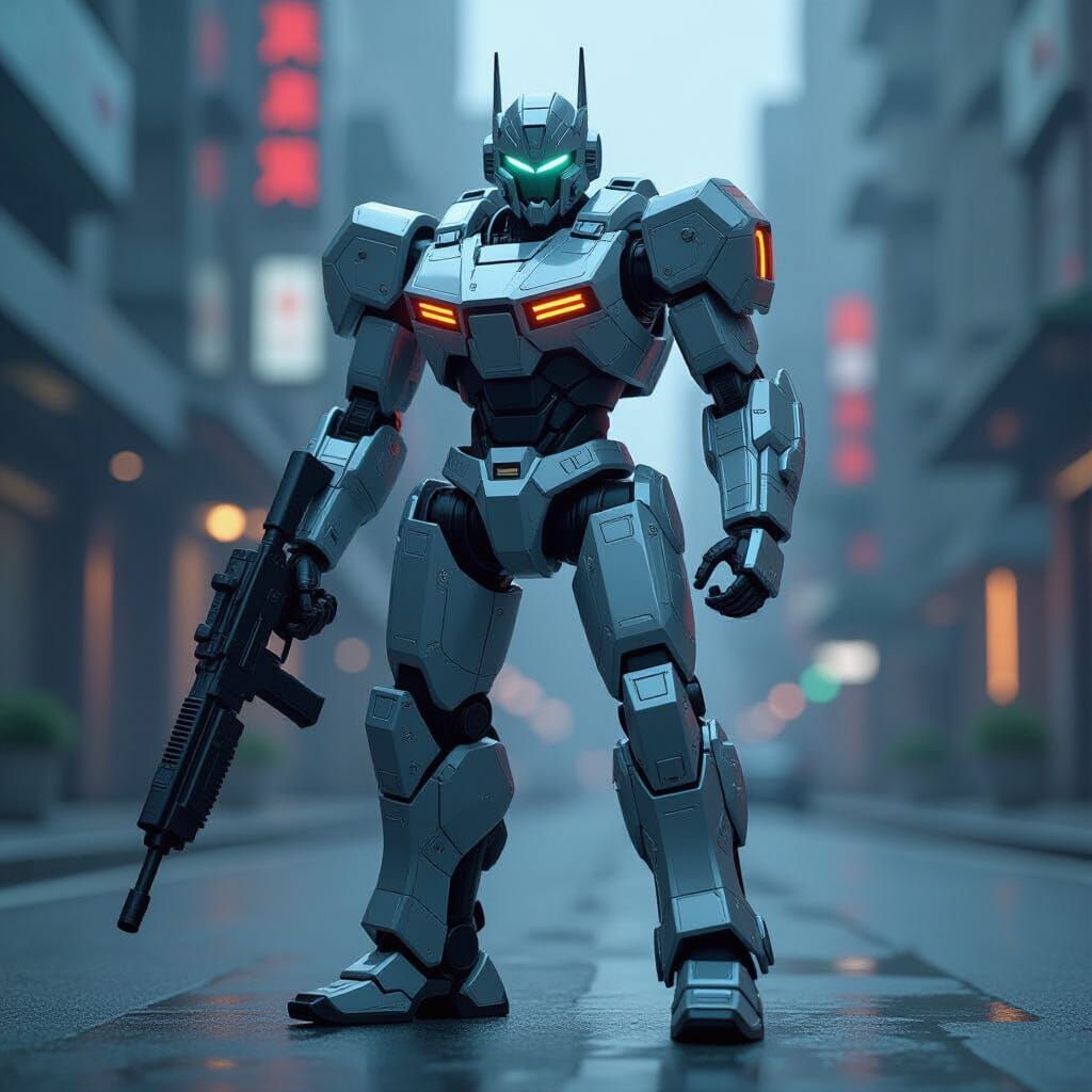 Robot with Gun in Epic Sci-Fi Cinematic Atmosphere