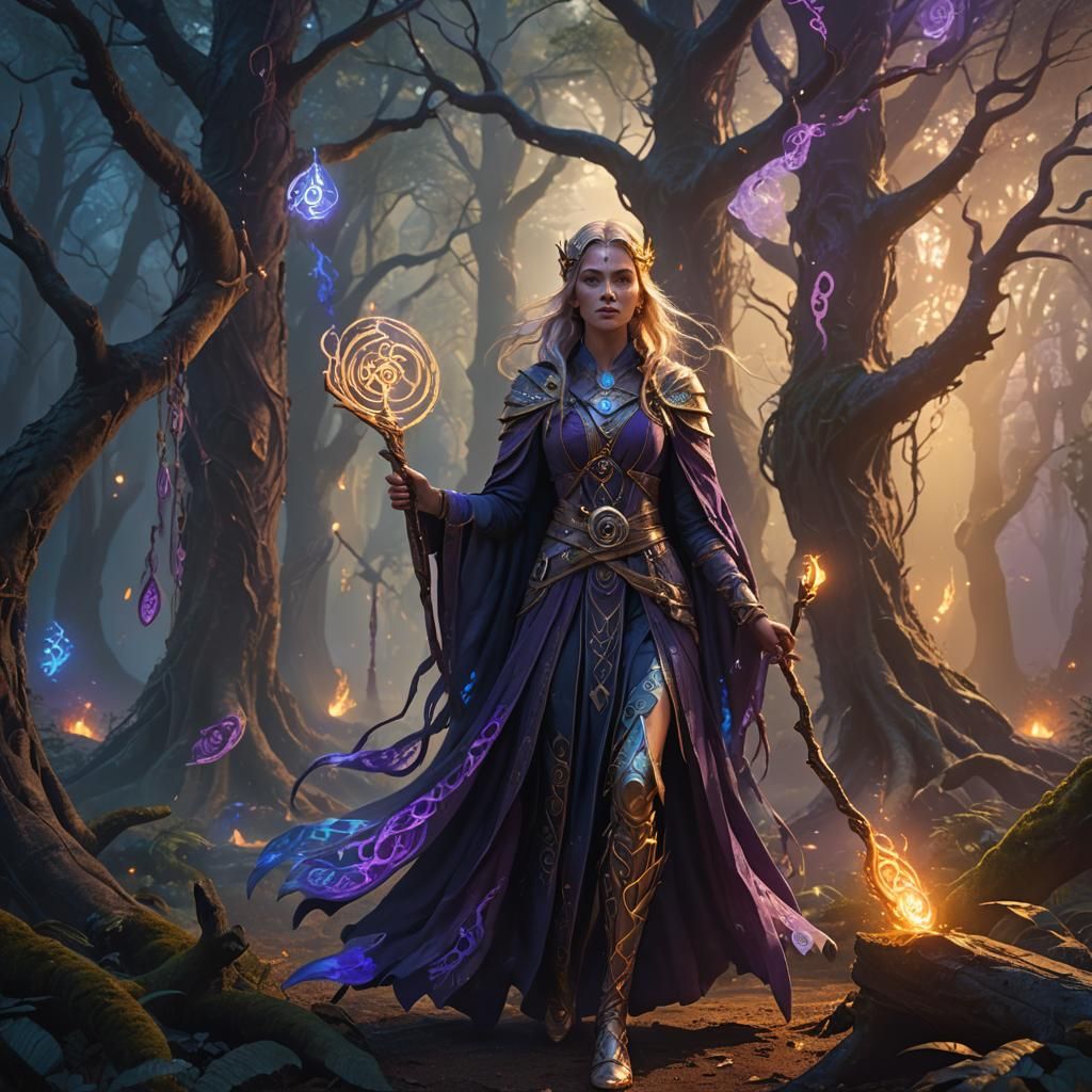 Mysterious Sorceress in Mystical Forest, Digital Art